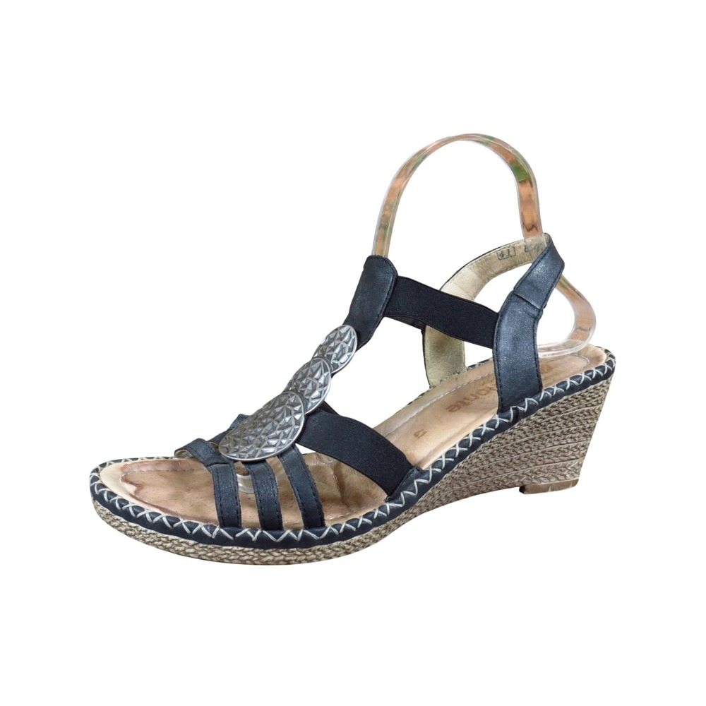Remonte R600768 Womens Wedge Sandals Sz 41 Dressy Summer Black Leather Metallic